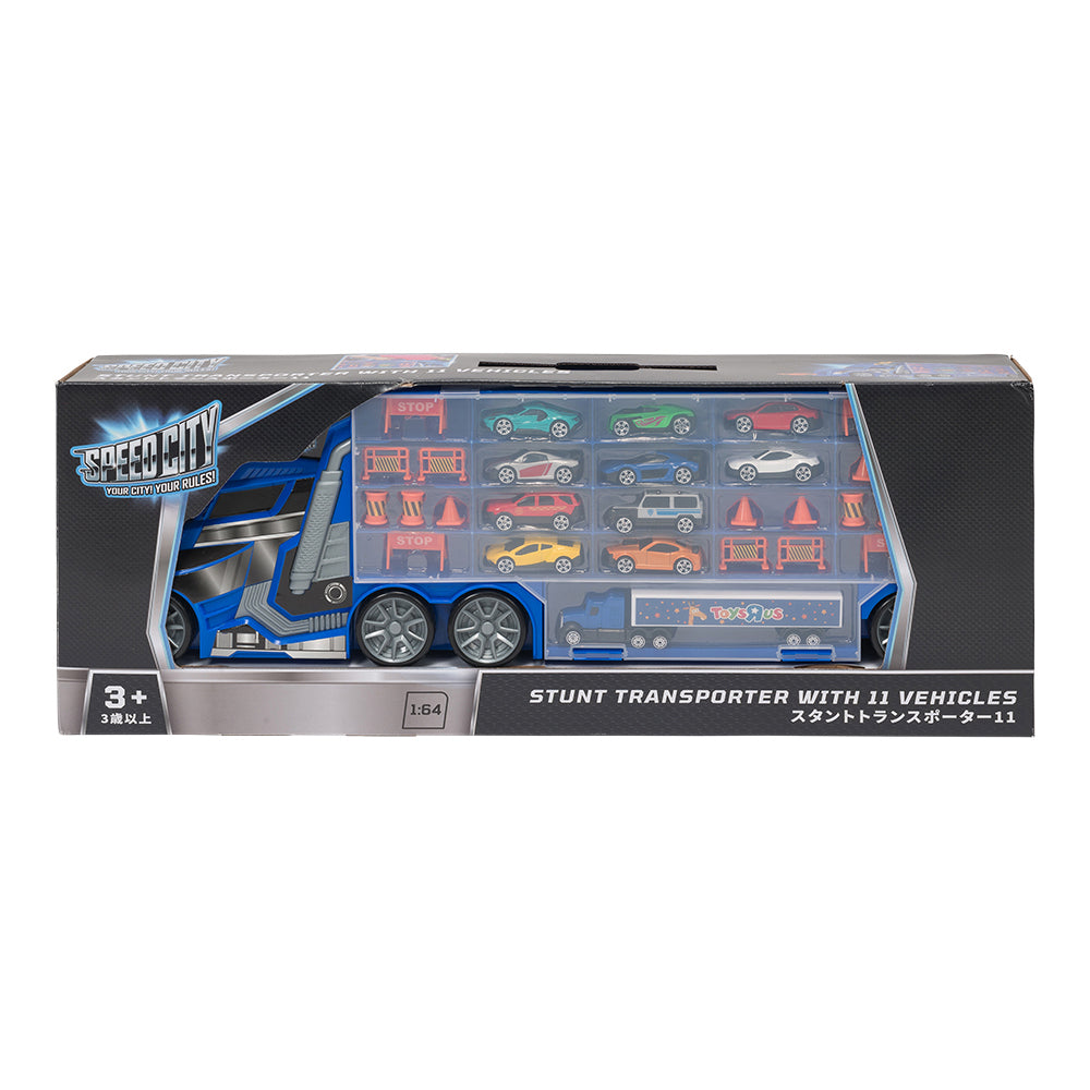 Speed City Stunt Transporter with 11 Vehicles (Blue)