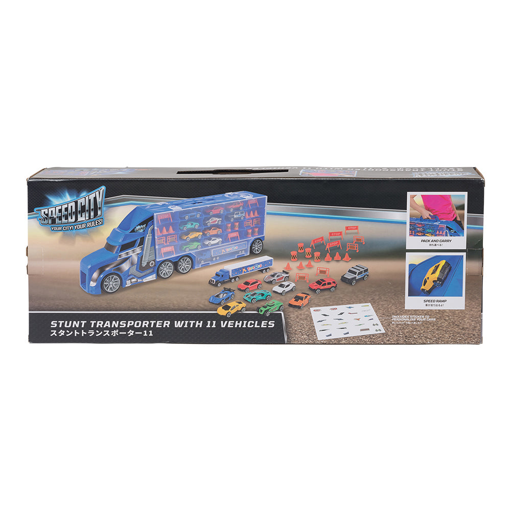 Speed City Stunt Transporter with 11 Vehicles (Blue)