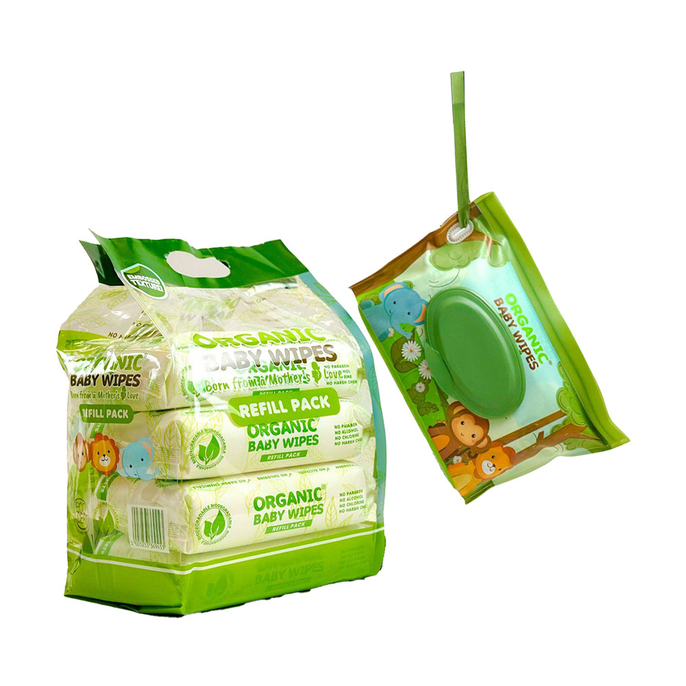 Organic Baby Wipes Eco-pack 64 Sheets Pack of 5 with Zip Clutch Re-useable Pouch